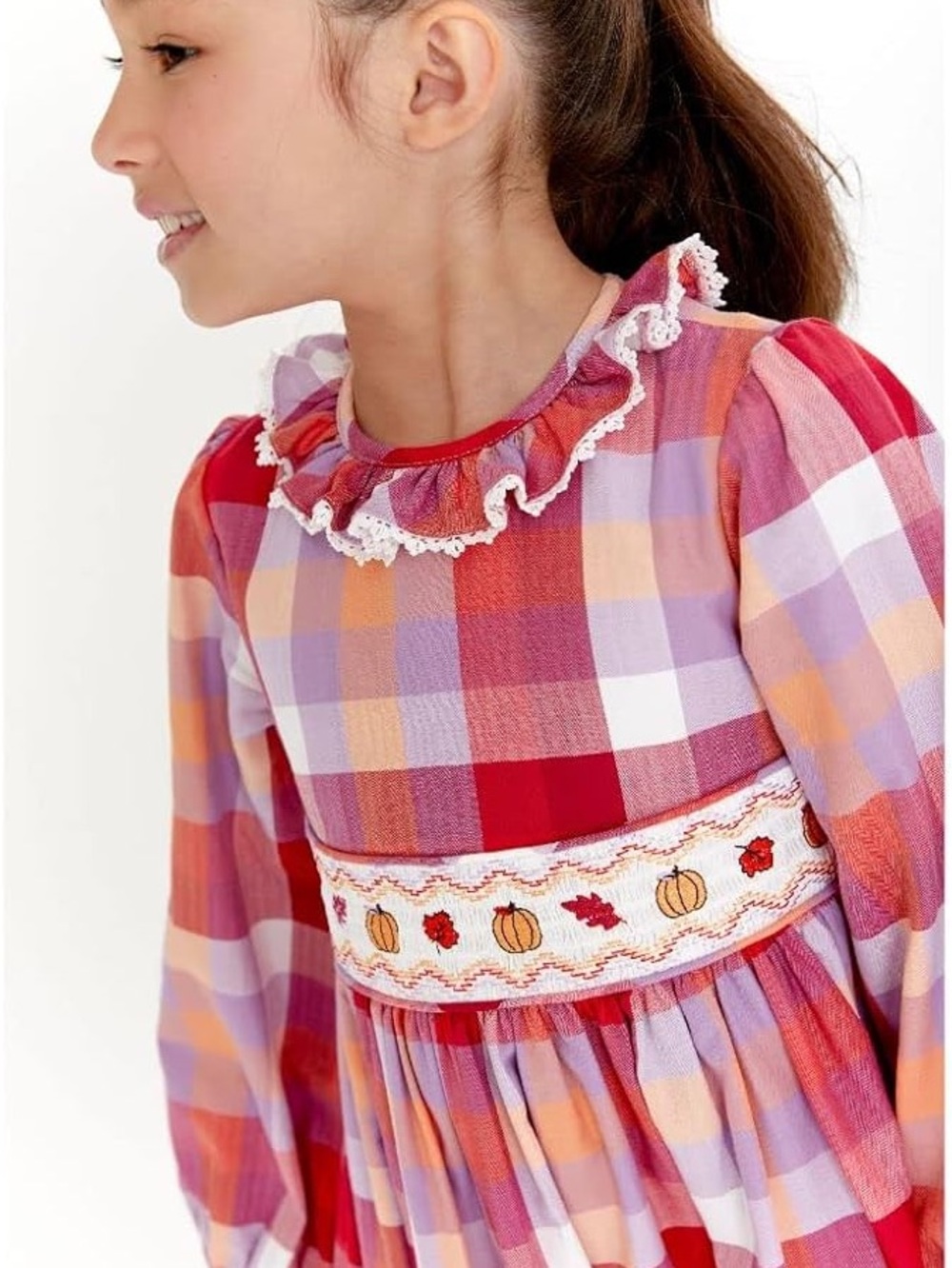 Girls 4T Pink Plaid Long-Sleeve Smocked Dress with Ruffle Collar